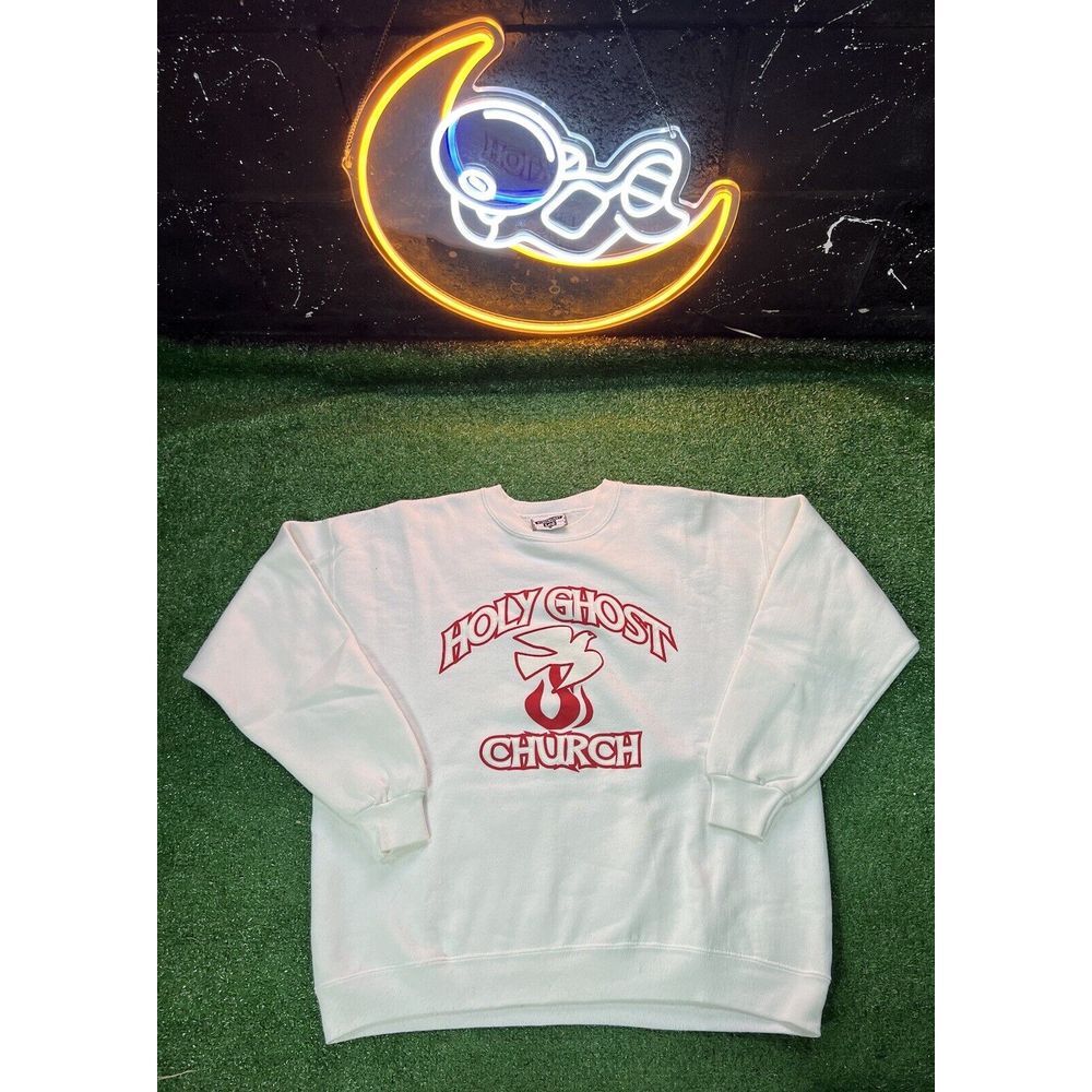 Vintage Lee Holy Ghost Church Heavyweight White Cotton Crewneck Sweatshirt Sz XL